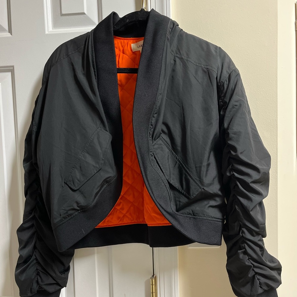 Women’s Bomber Jacket with Quilted Orange Lining - Black